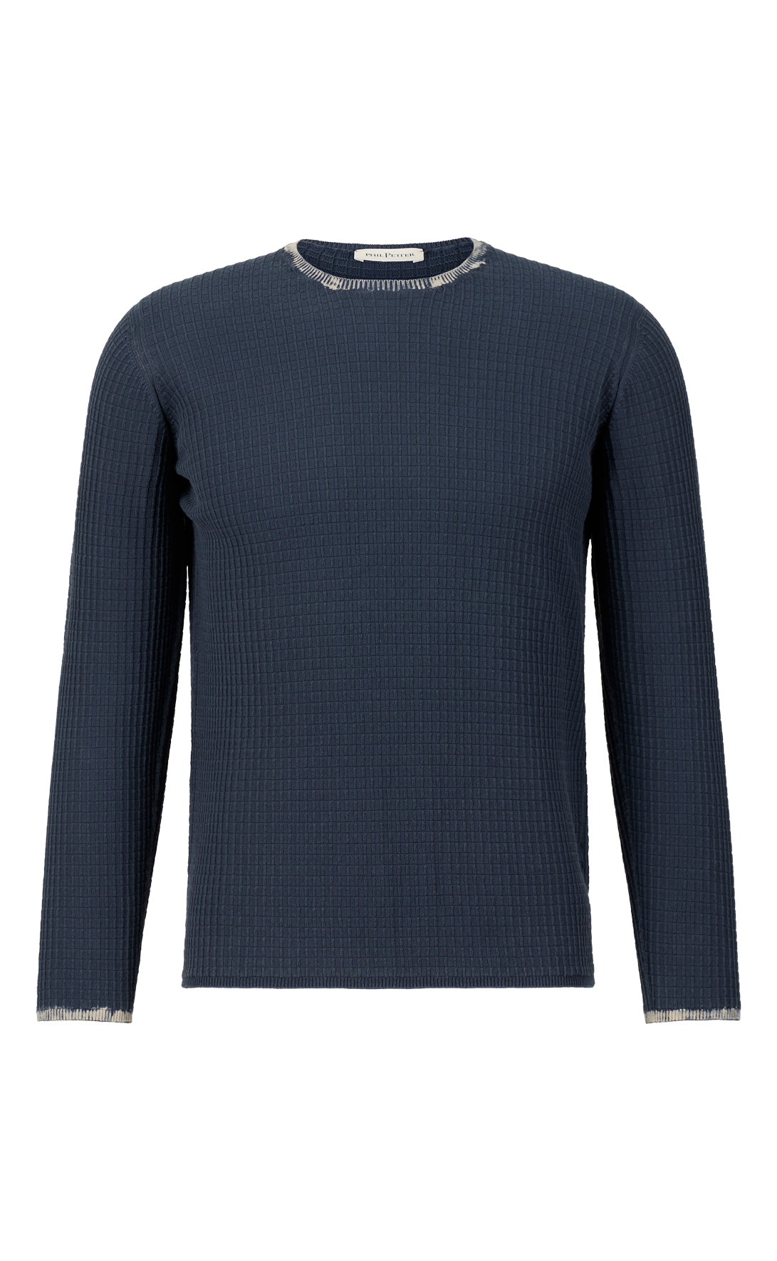 Unique: seamless round neck sweater in 3D knit, with color corrosion, made of the finest cotton, relaxed fit