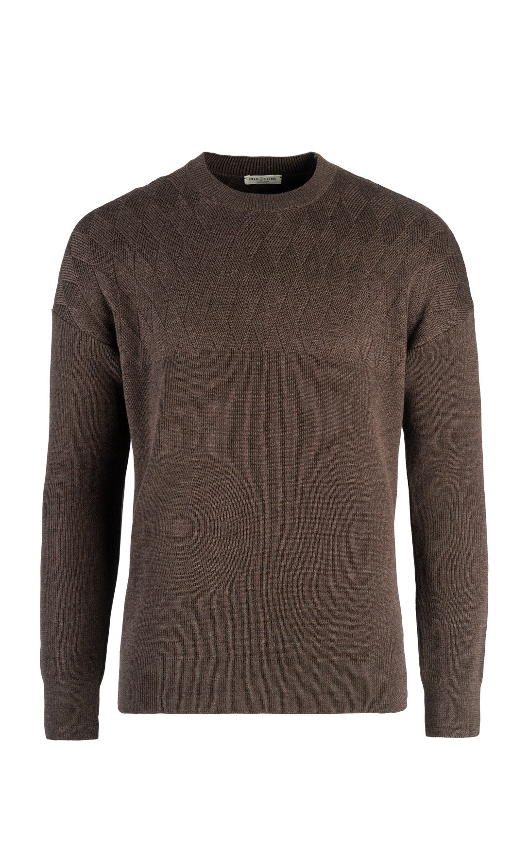 Round neck sweater with masculine rhombus structure over the shoulders, 100% merino wool