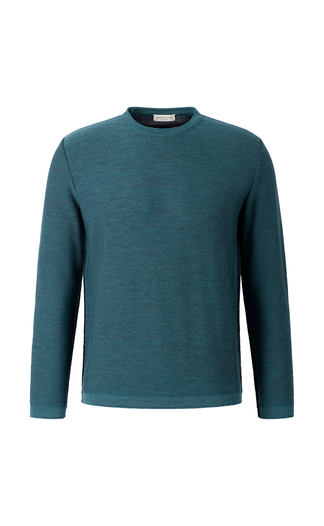 Lightweight double-face sweater: merino wool on the outside, cotton on the inside, relaxed fit