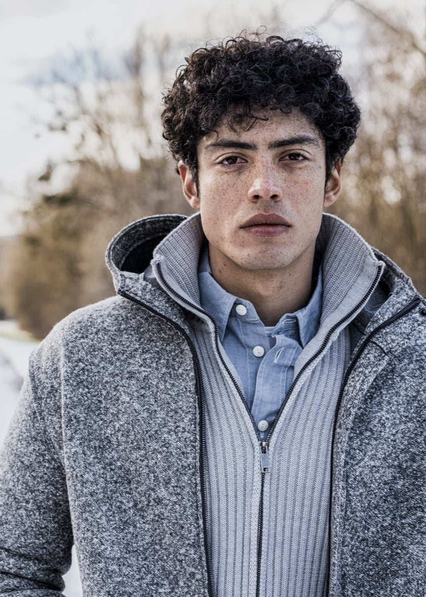 Merino wool zip jacket in wide rib knit