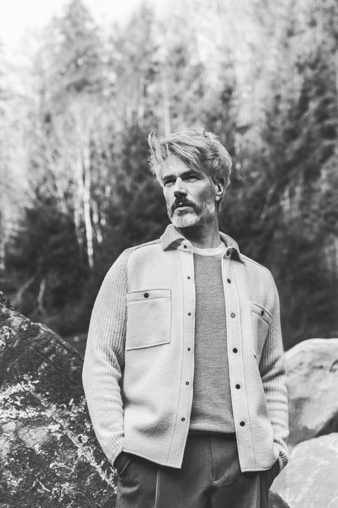 Characterful overshirt in boiled wool and ribbed knit, relaxed fit