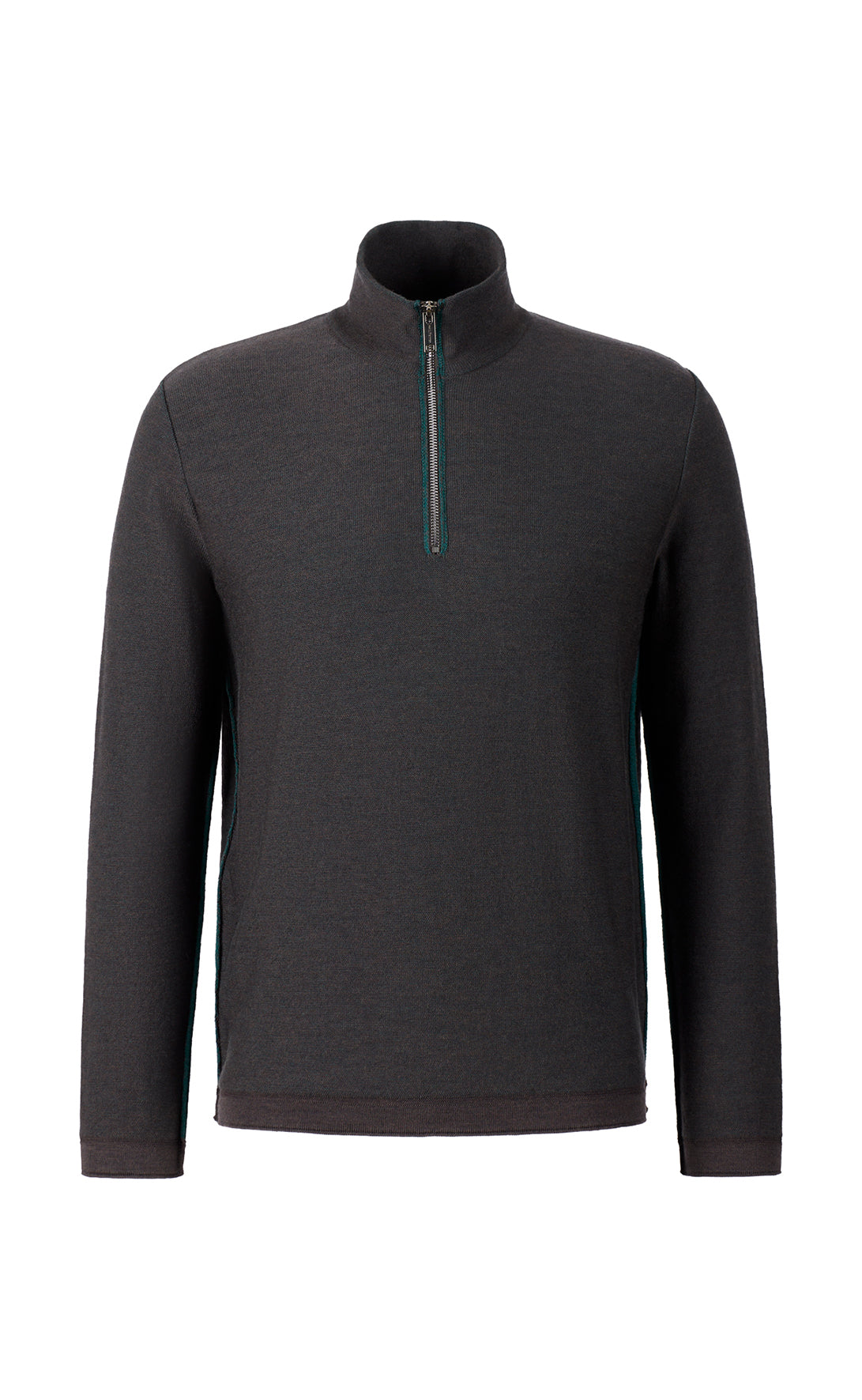Lightweight double-face zip-up sweater: merino wool on the outside, cotton on the inside, relaxed fit