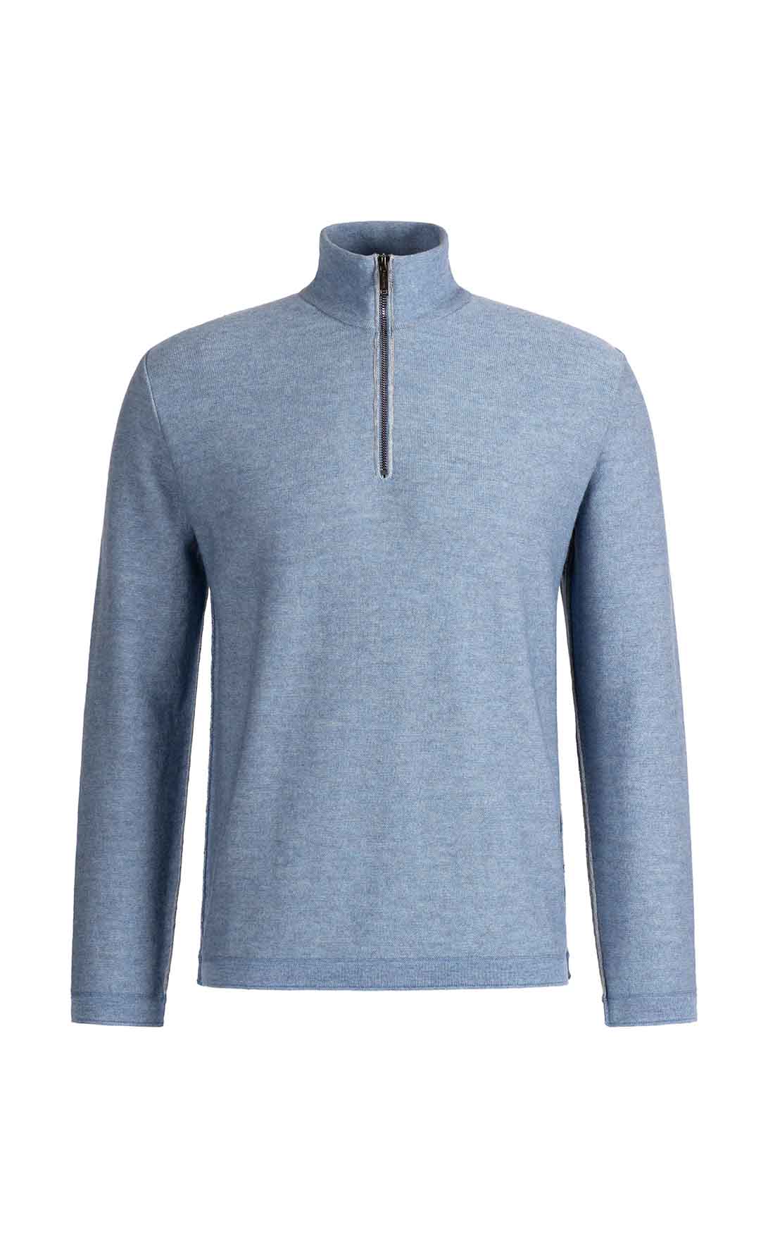 Lightweight double-face zip-up sweater: merino wool on the outside, cotton on the inside, relaxed fit