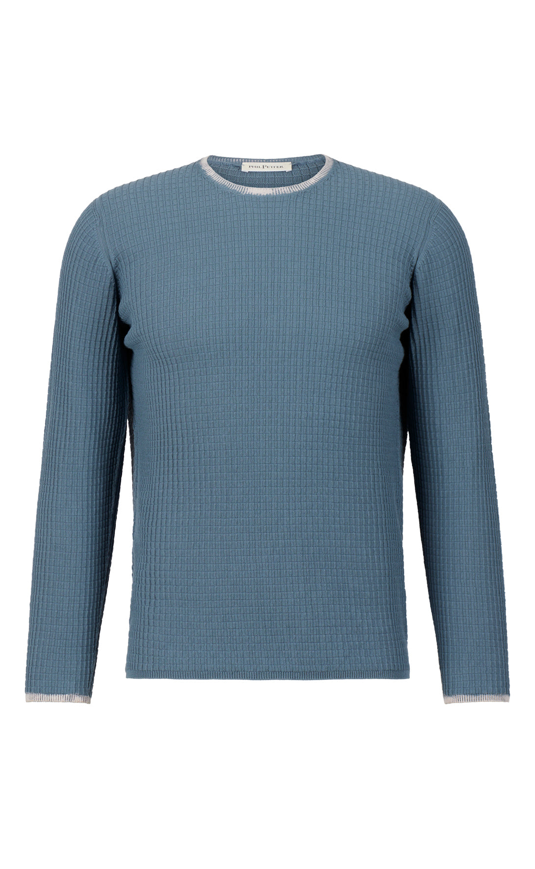 Unique: seamless round neck sweater in 3D knit, with color corrosion, made of the finest cotton, relaxed fit