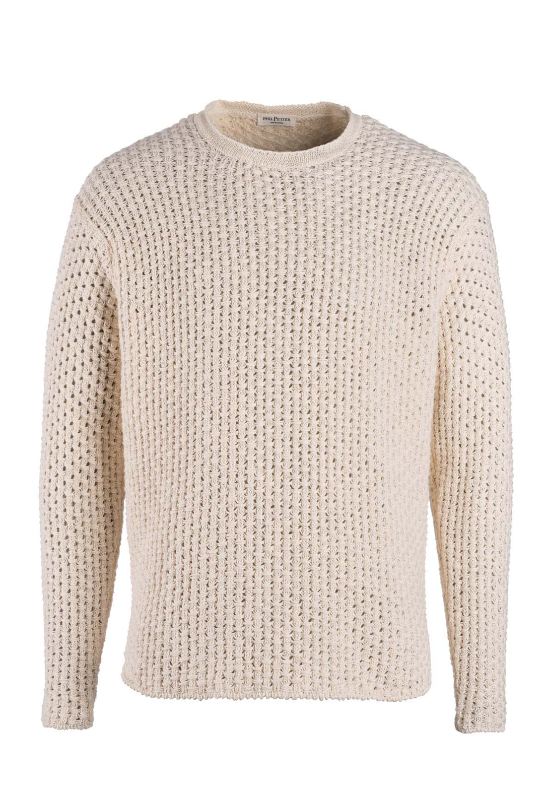 Round neck sweater in a coarse crochet look made of high-quality cotton-linen mix