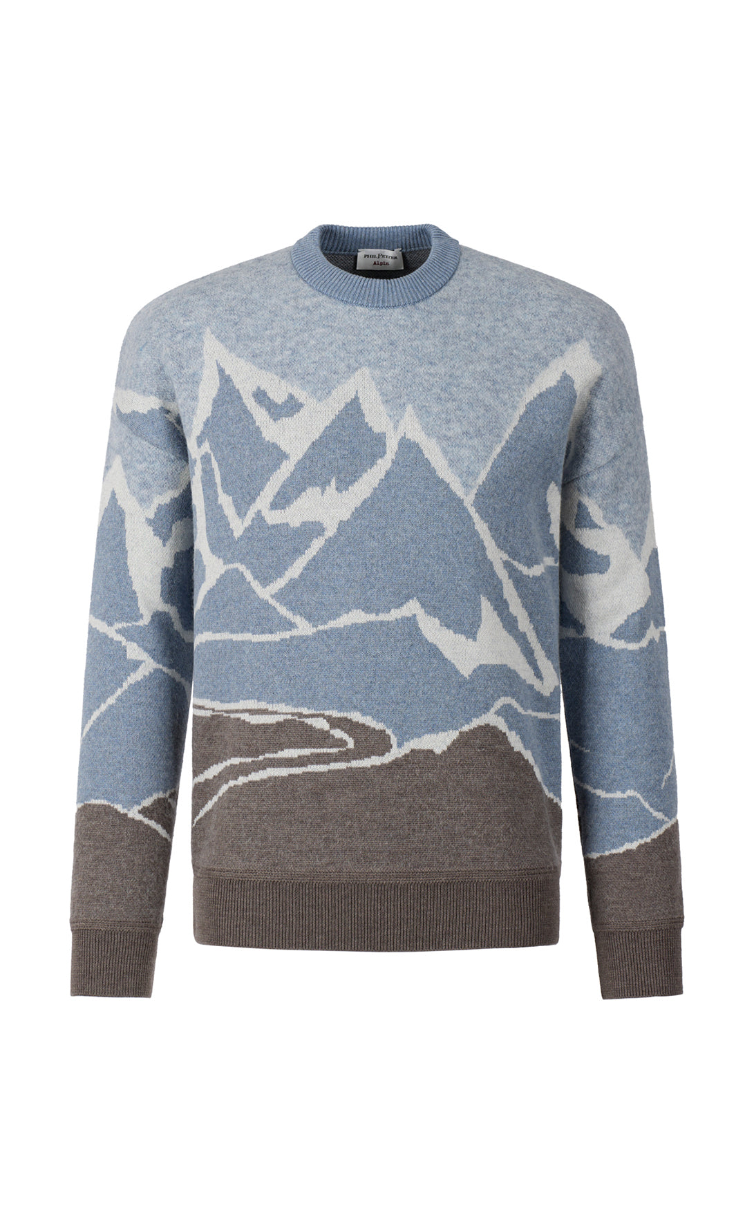 Crew neck sweater with alpine mountain motif, modern fit