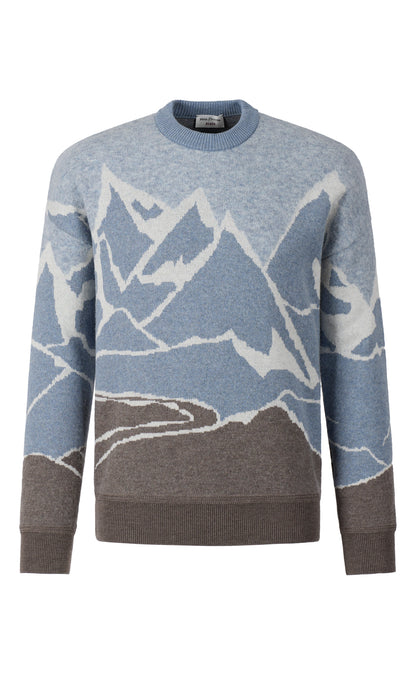 Rundhalspullover mit Alpin-Bergmotiv, modern fit