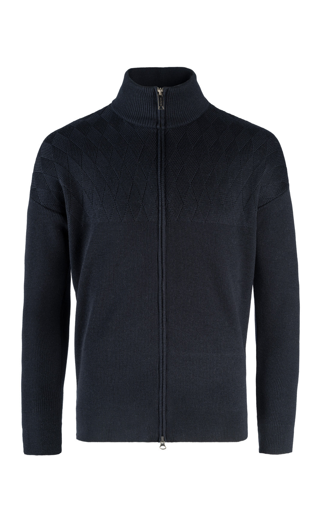 Zip jacket with masculine rhombus structure over the shoulders, 100% merino wool