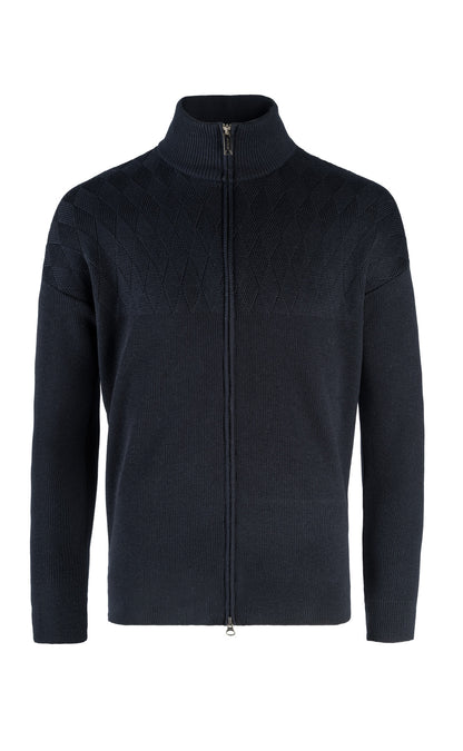 Zip jacket with masculine rhombus structure over the shoulders, 100% merino wool