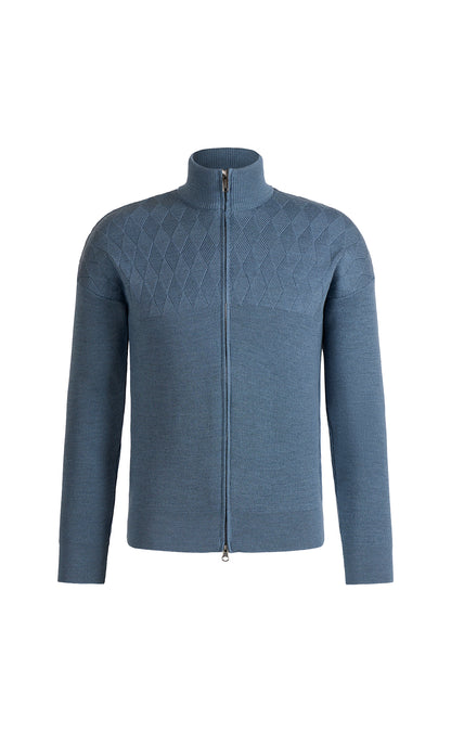 Zip jacket with masculine rhombus structure over the shoulders, 100% merino wool