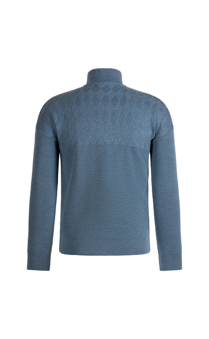 Zip jacket with masculine rhombus structure over the shoulders, 100% merino wool