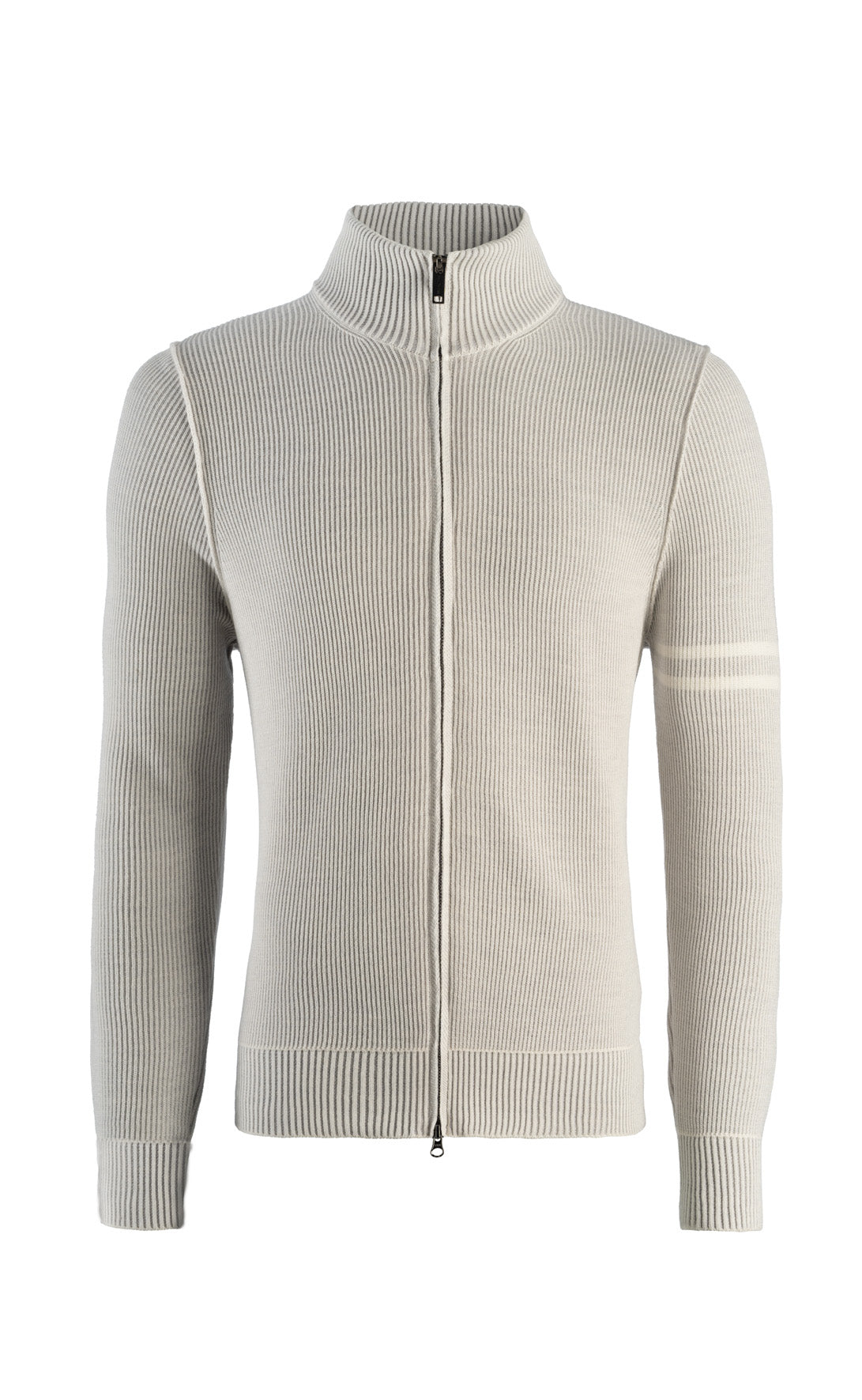 Sporty zip jacket made of 2-coloured rib and stripes on the sleeve, 100% Merino, relaxed fit