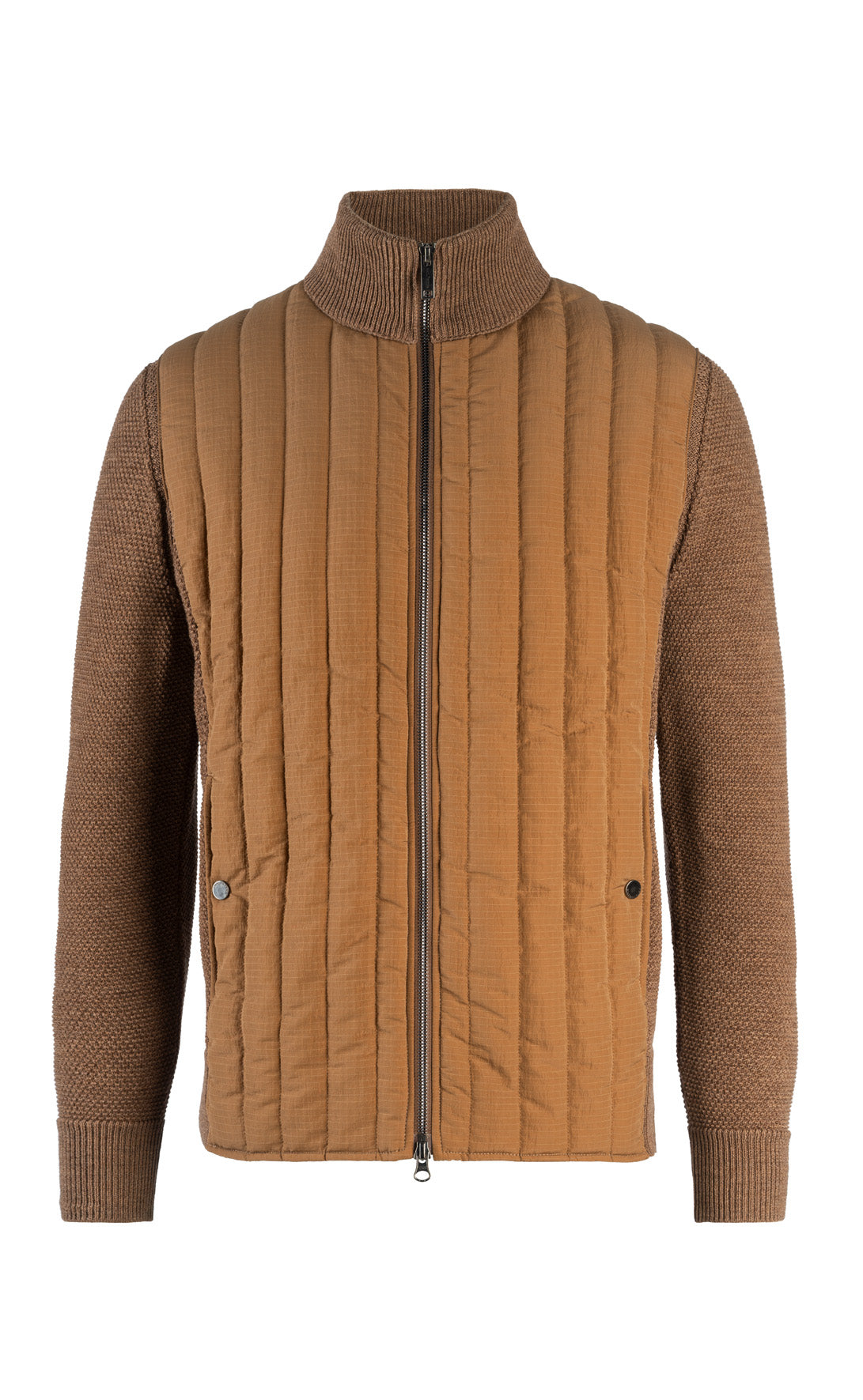 Hybrid zip jacket made of soft nylon quilting and rice grain knit Merino, relaxed fit