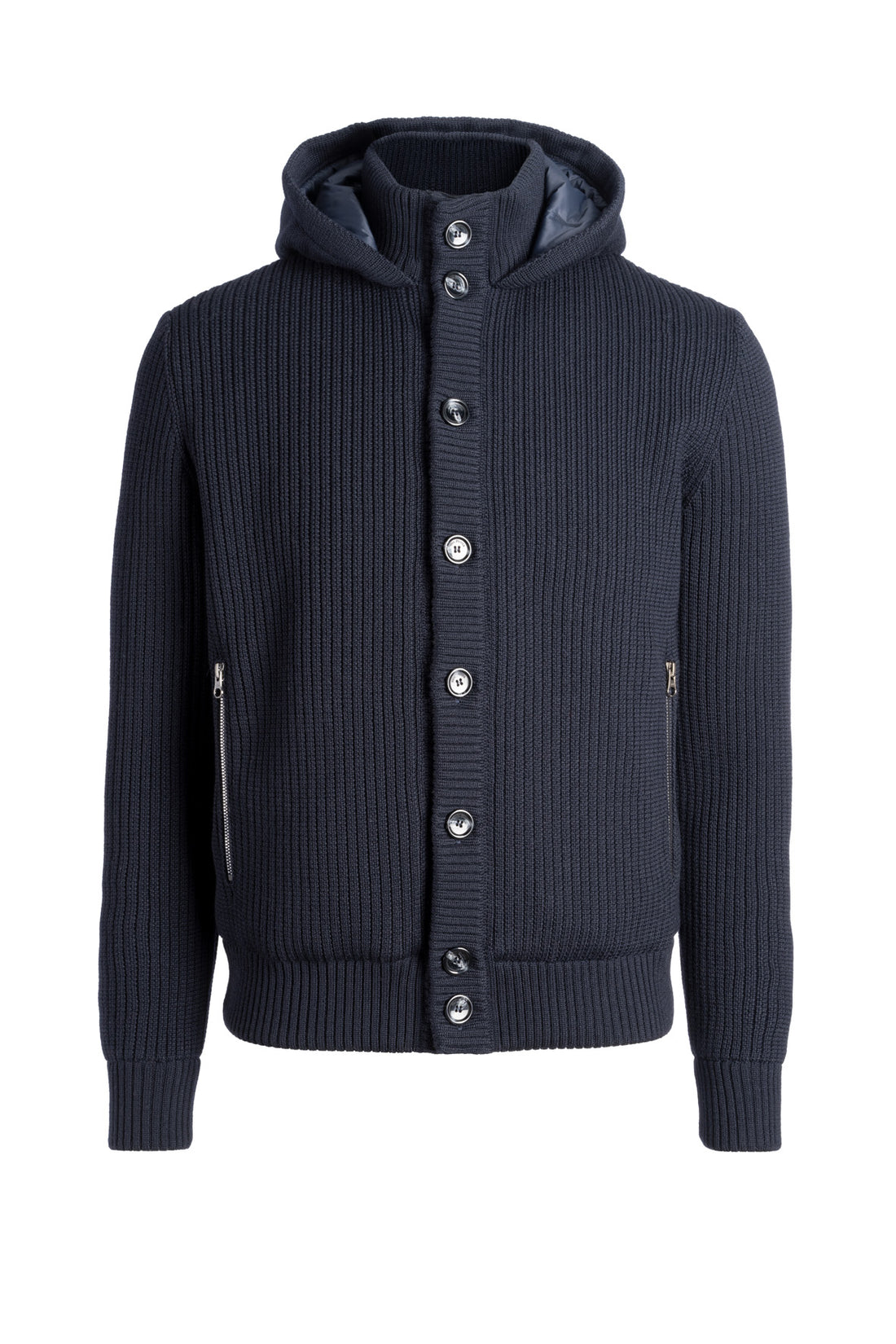 Hooded cardigan made of merino wool and quilted lining