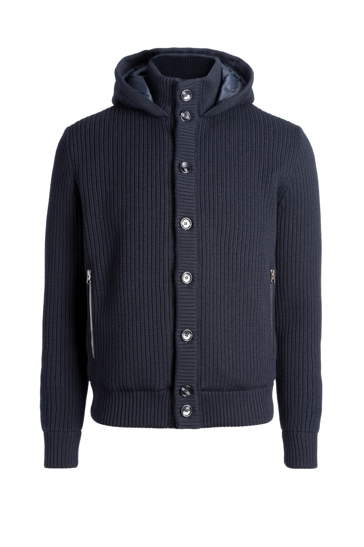 Hooded cardigan made of merino wool and quilted lining