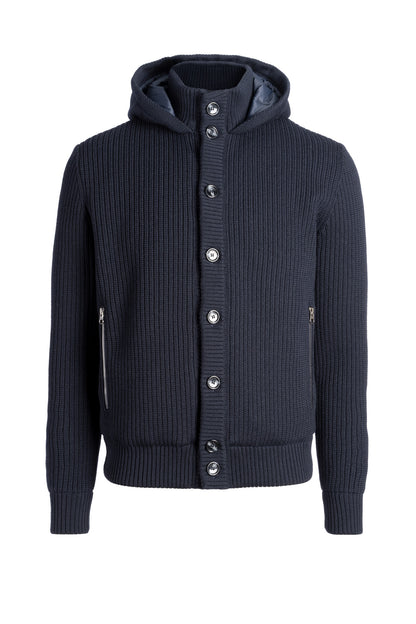 Hooded cardigan made of merino wool and quilted lining