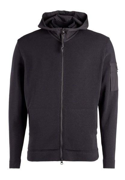 Hybrid hooded zip jacket made of technical cotton effect yarn, relaxed fit