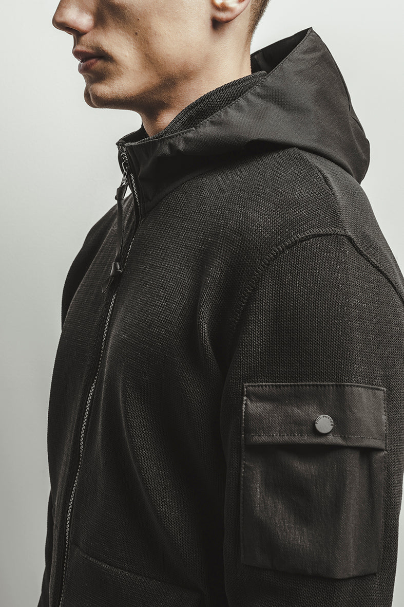 Hybrid hooded zip jacket made of technical cotton effect yarn, relaxed fit