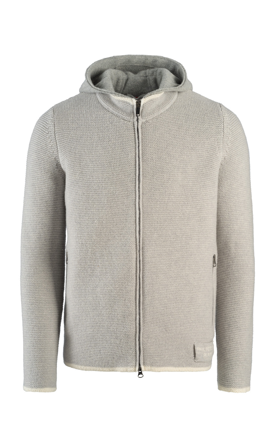 Hooded zip jacket in left-left knit structure made of supersoft lambswool