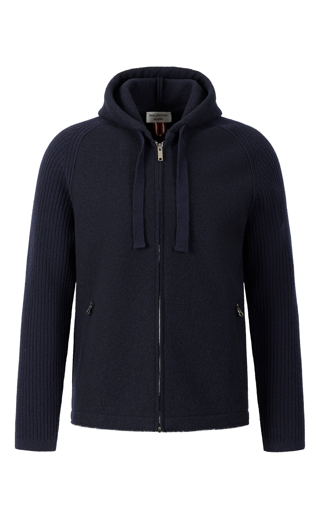 Hybrid hooded jacket in boiled wool and ribbed knit made from the finest merino wool, relaxed fit