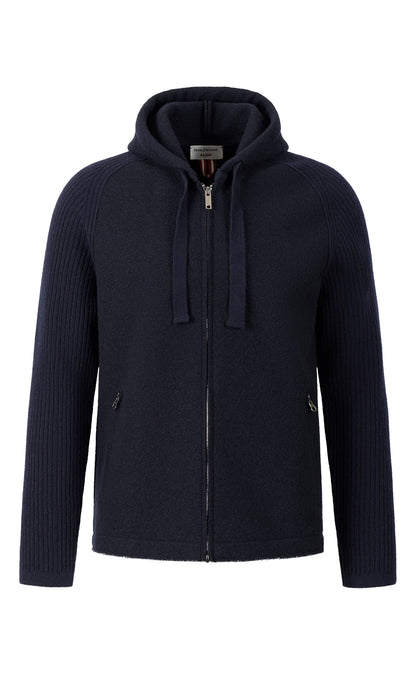 Hybrid hooded jacket in boiled wool and ribbed knit made from the finest merino wool, relaxed fit