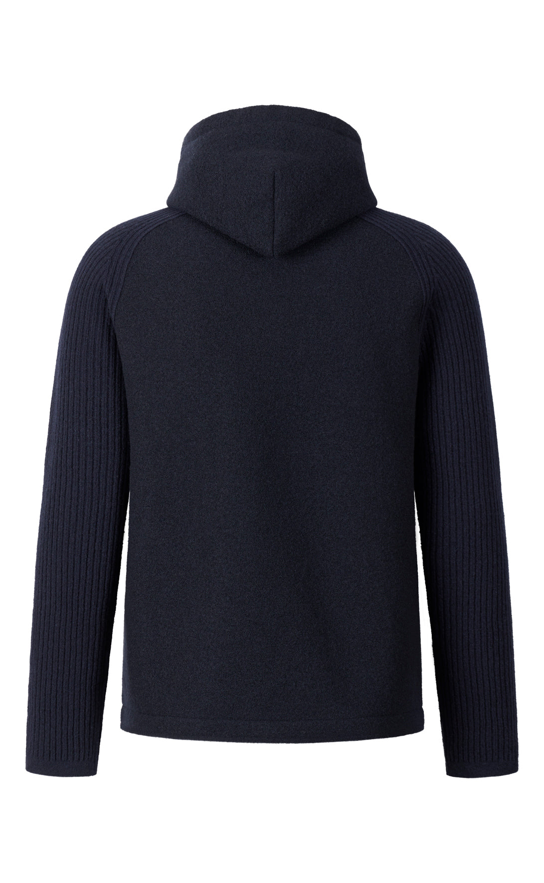 Hybrid hooded jacket in boiled wool and ribbed knit made from the finest merino wool, relaxed fit