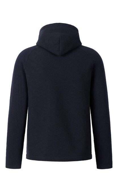 Hybrid hooded jacket in boiled wool and ribbed knit made from the finest merino wool, relaxed fit