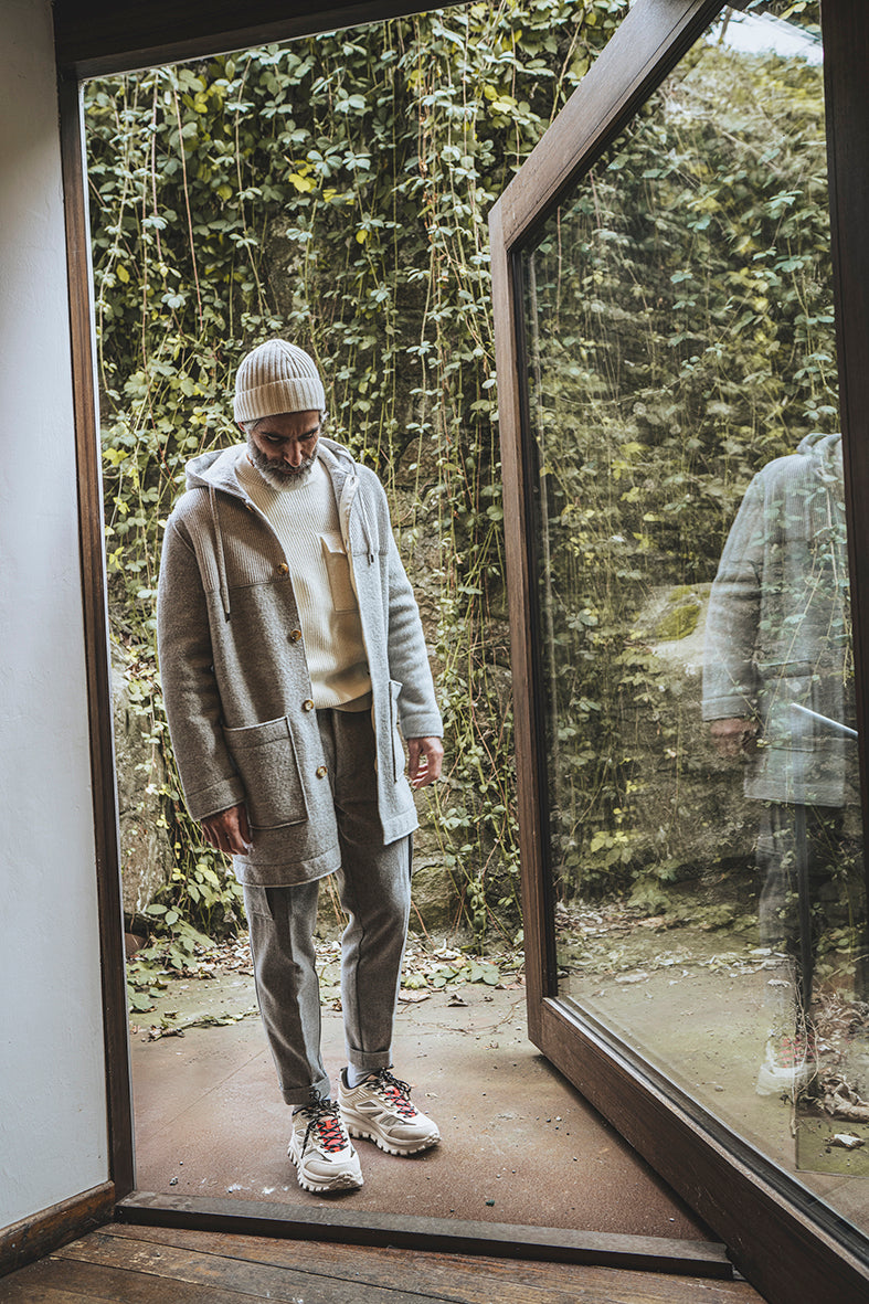 Merino wool blend duffle coat with soft lambswool knit accents