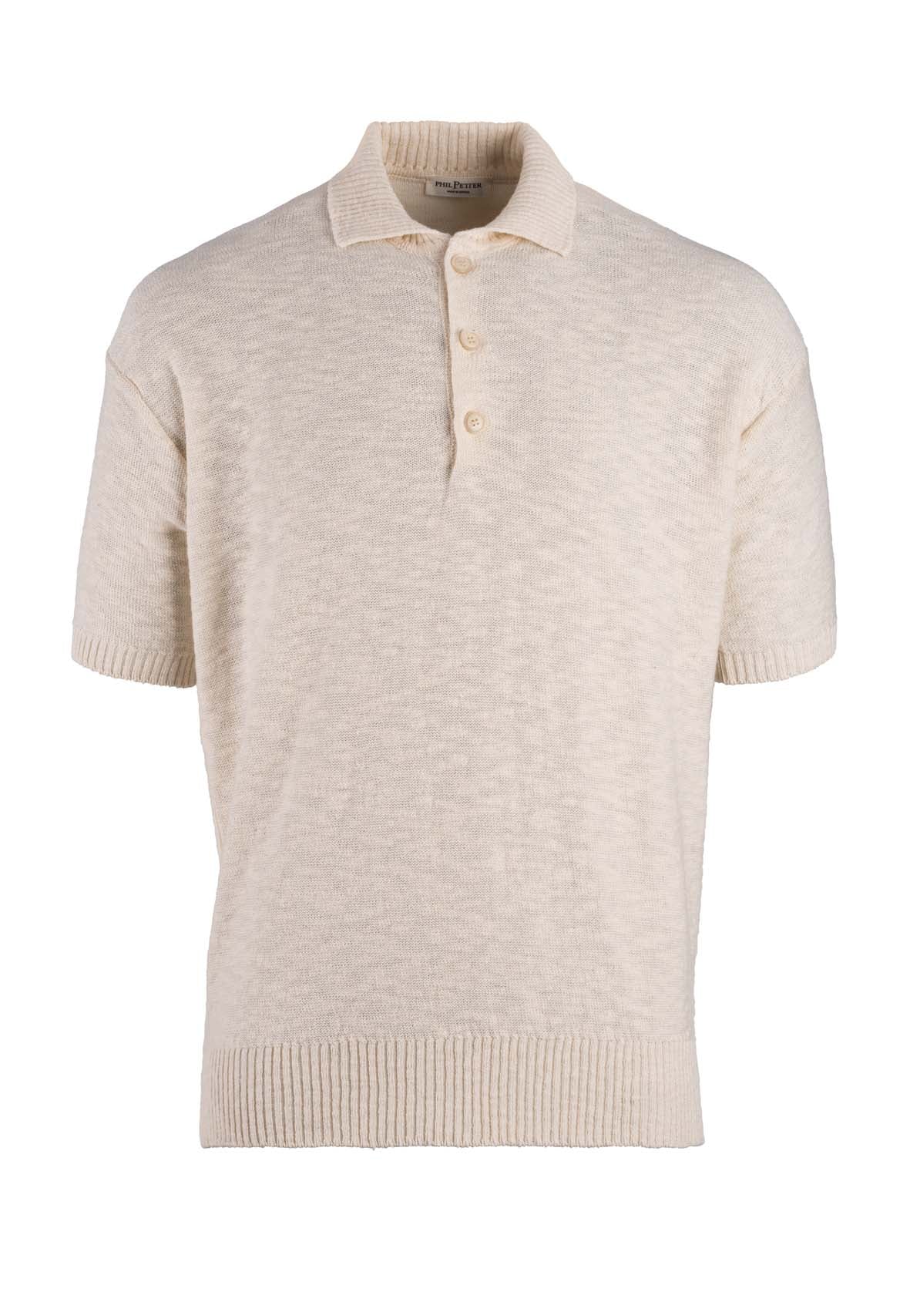 Polo shirt made of coarse cotton-linen knit, short sleeves, relaxed fit