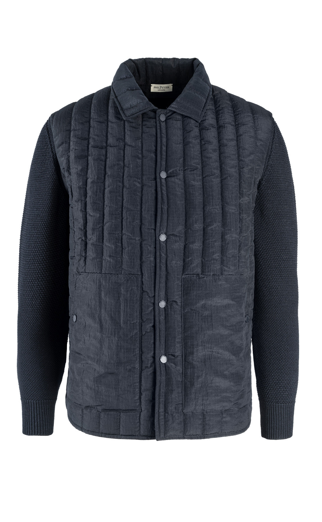 Hybrid overshirt with nylon quilting and knitted sleeves made of 100% merino wool