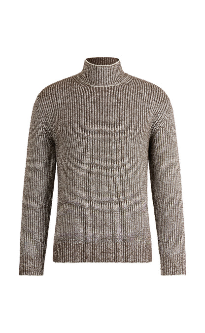Stand-up collar sweater in 2-coloured pearl catching structure made of merino wool, relaxed fit